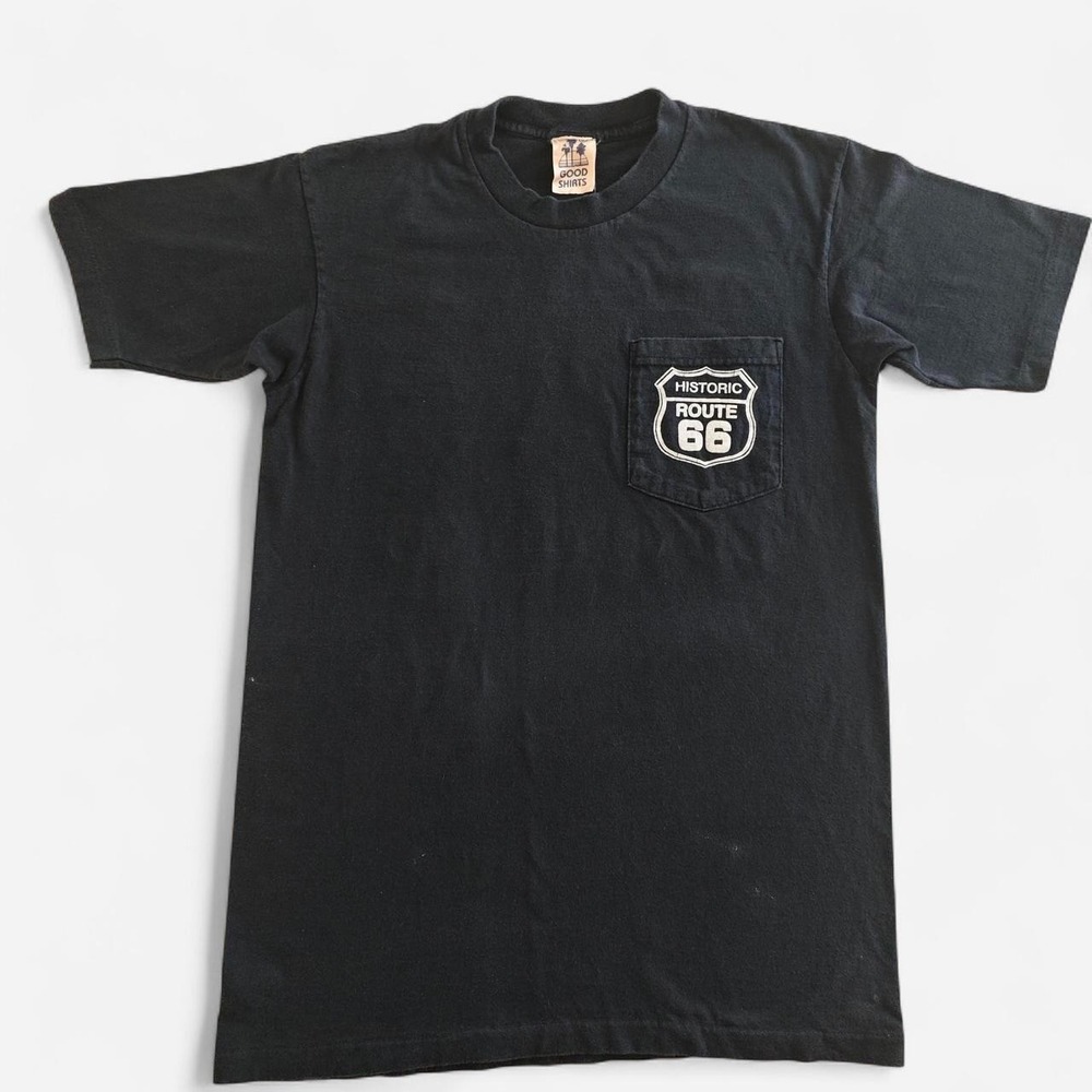 Vintage 1994 Good Shirts Route 66 Pocket T-Shirt Black Single Stitch Medium